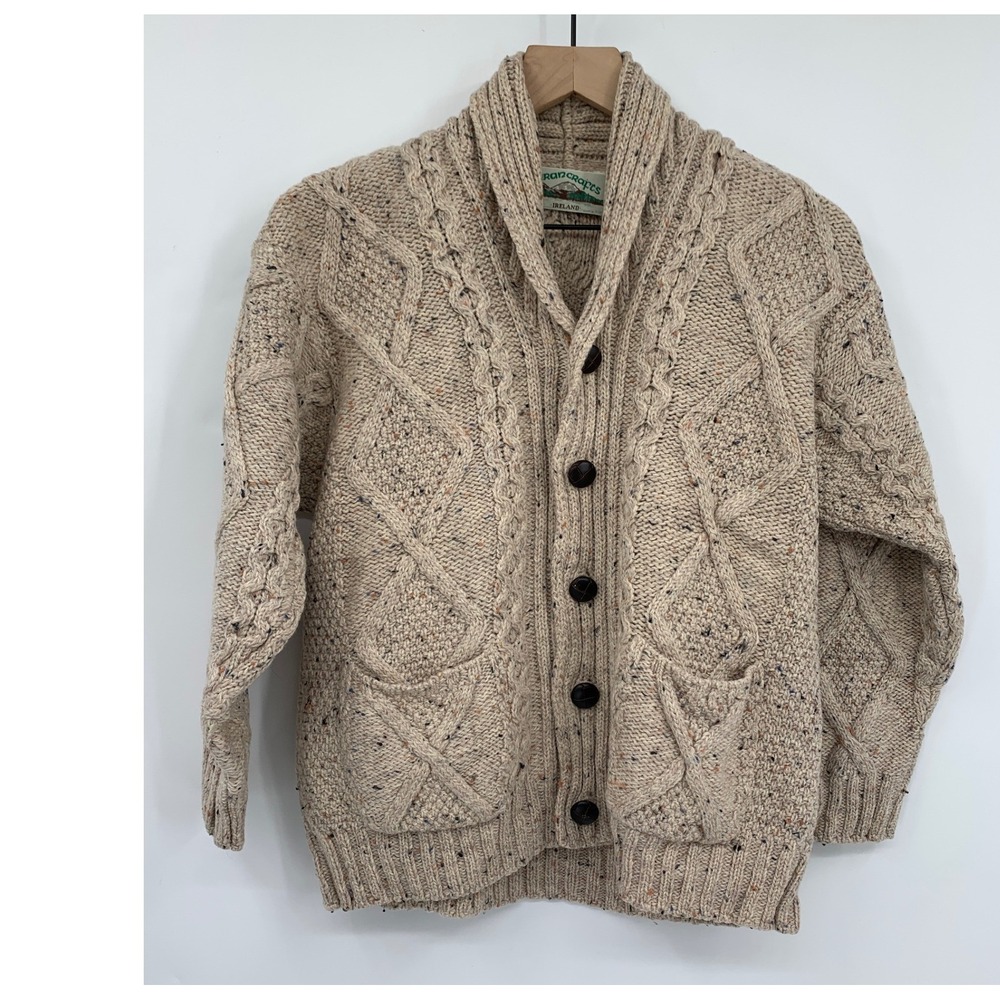 Aran Crafts Cardigan Mens XS/Small Beige Flecked 100% Merino Wool Shawl Collar